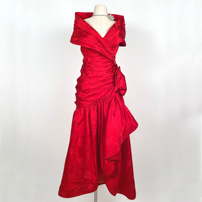 1980s Red Gown with Rose Print by Victor Costa / Waist 28
