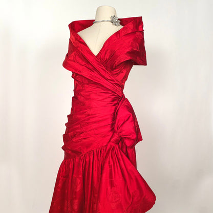 1980s Red Gown with Rose Print by Victor Costa / Waist 28