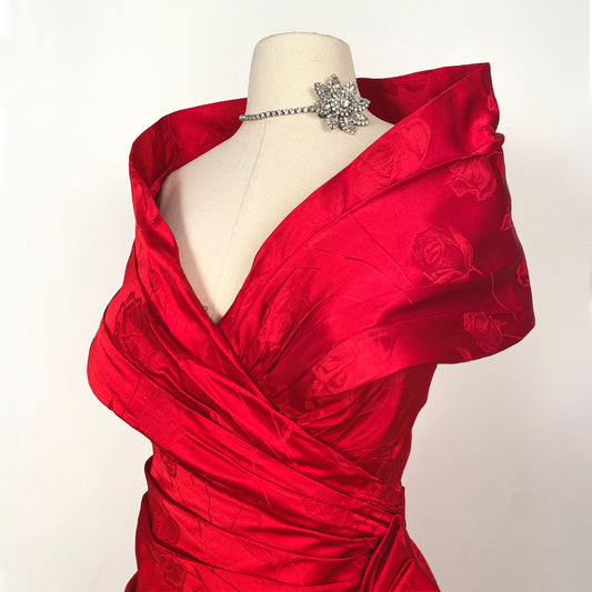 1980s Red Gown with Rose Print by Victor Costa / Waist 28