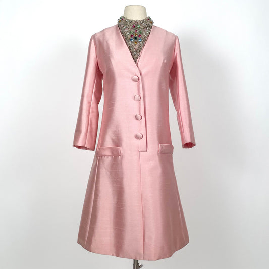 1960s Silk Pink Dress with Beaded Collar by Milgrim / Waist 36