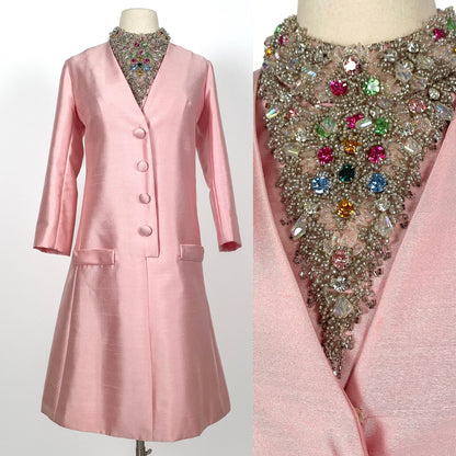 1960s Silk Pink Dress with Beaded Collar by Milgrim / Waist 36