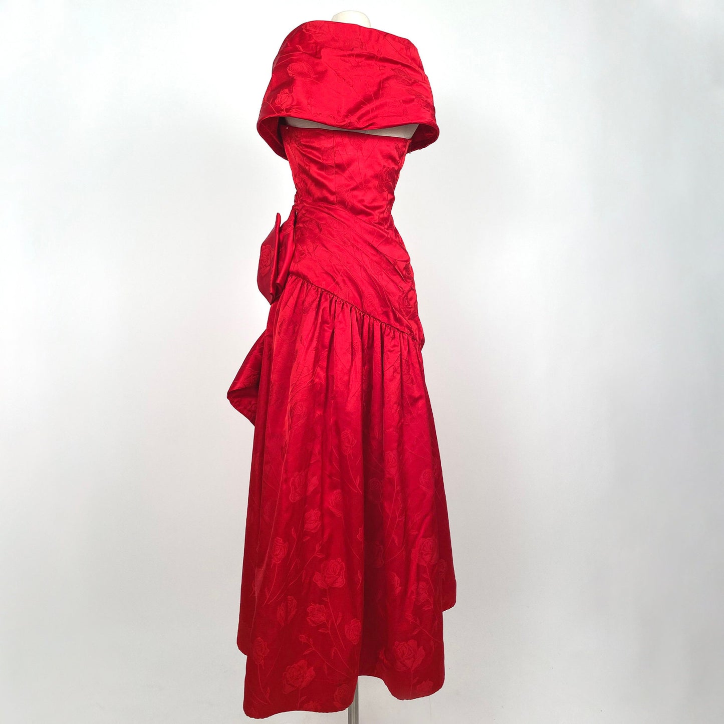 1980s Red Gown with Rose Print by Victor Costa / Waist 28