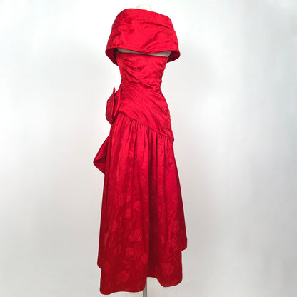 1980s Red Gown with Rose Print by Victor Costa / Waist 28