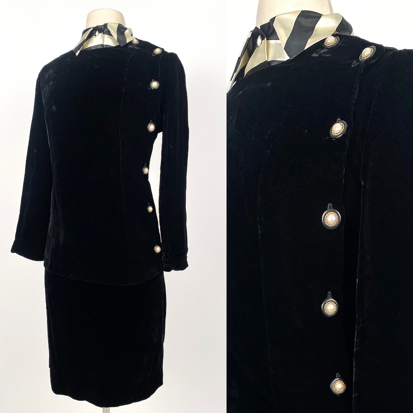 1960s Black Velvet Three Piece Skirt Suit / Waist 26