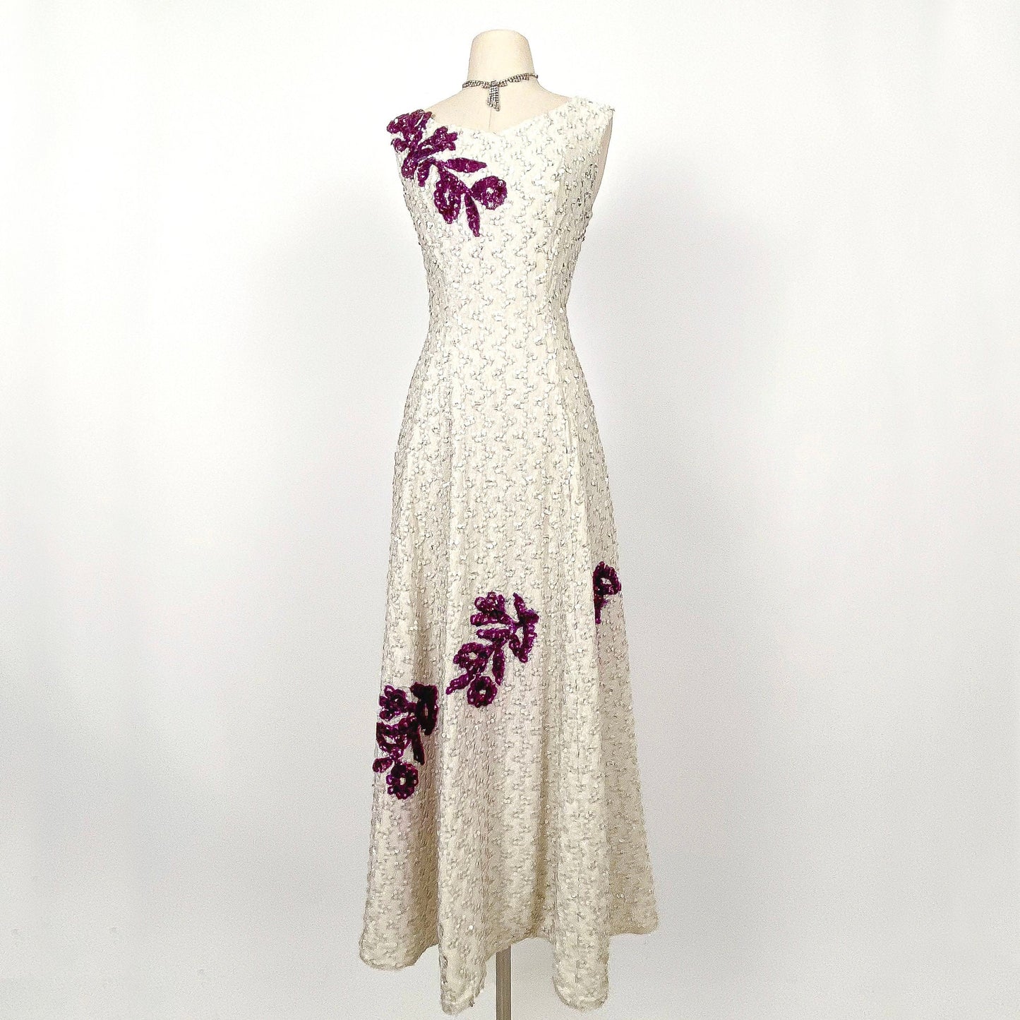 Stunning 1950s White Sequin Gown with Purple Floral Appliqués / Waist 30