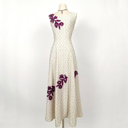 Stunning 1950s White Sequin Gown with Purple Floral Appliqués / Waist 30