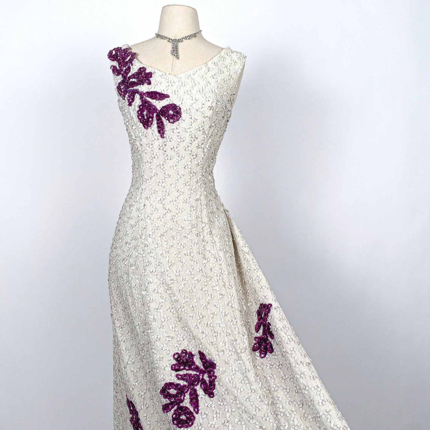 Stunning 1950s White Sequin Gown with Purple Floral Appliqués / Waist 30