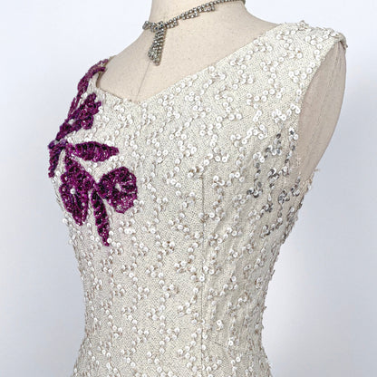 Stunning 1950s White Sequin Gown with Purple Floral Appliqués / Waist 30