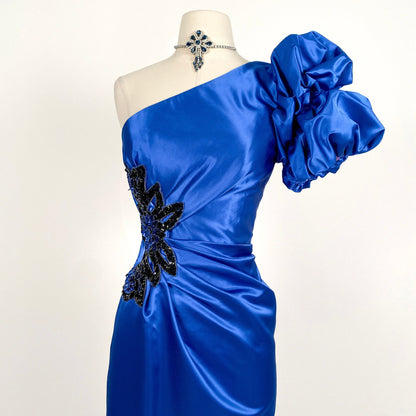 1980s Blue Satin Gown with Sequins / Waist 26