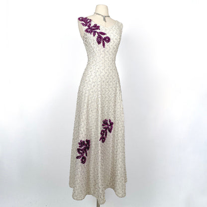 Stunning 1950s White Sequin Gown with Purple Floral Appliqués / Waist 30
