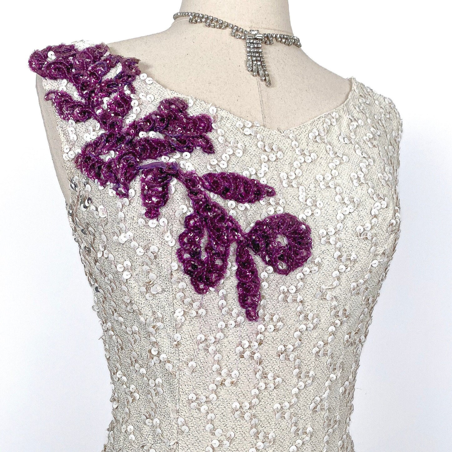 Stunning 1950s White Sequin Gown with Purple Floral Appliqués / Waist 30
