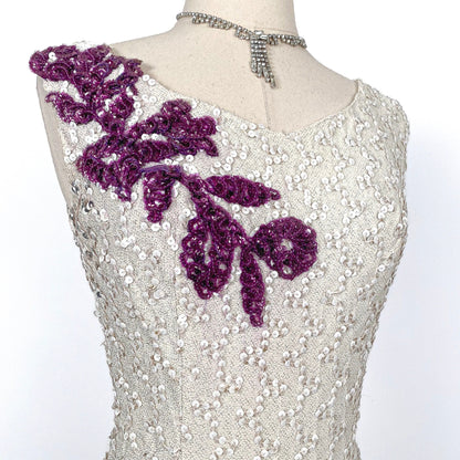 Stunning 1950s White Sequin Gown with Purple Floral Appliqués / Waist 30