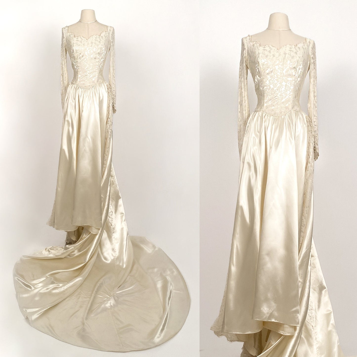 1940 Candlelight Satin Wedding Gown with Lace Bodice & Side Panels / Waist 28