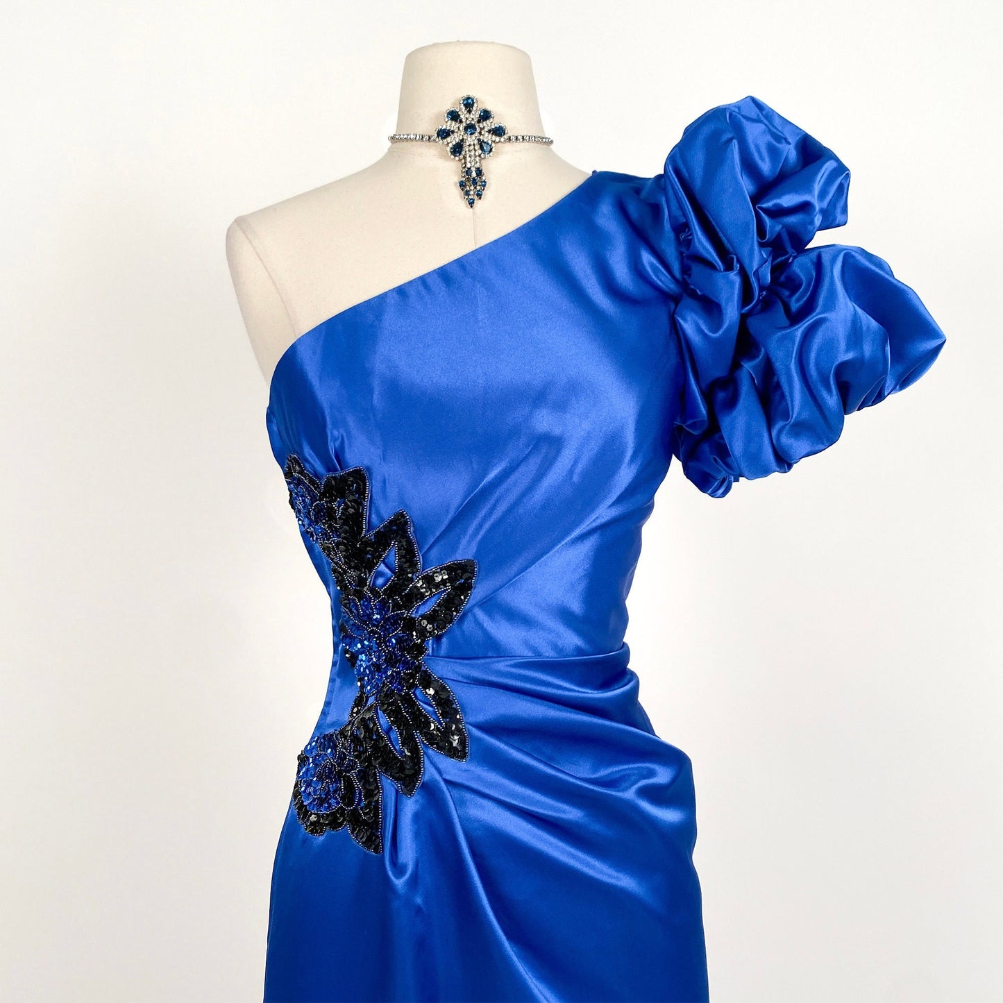 1980s Blue Satin Gown with Sequins / Waist 26