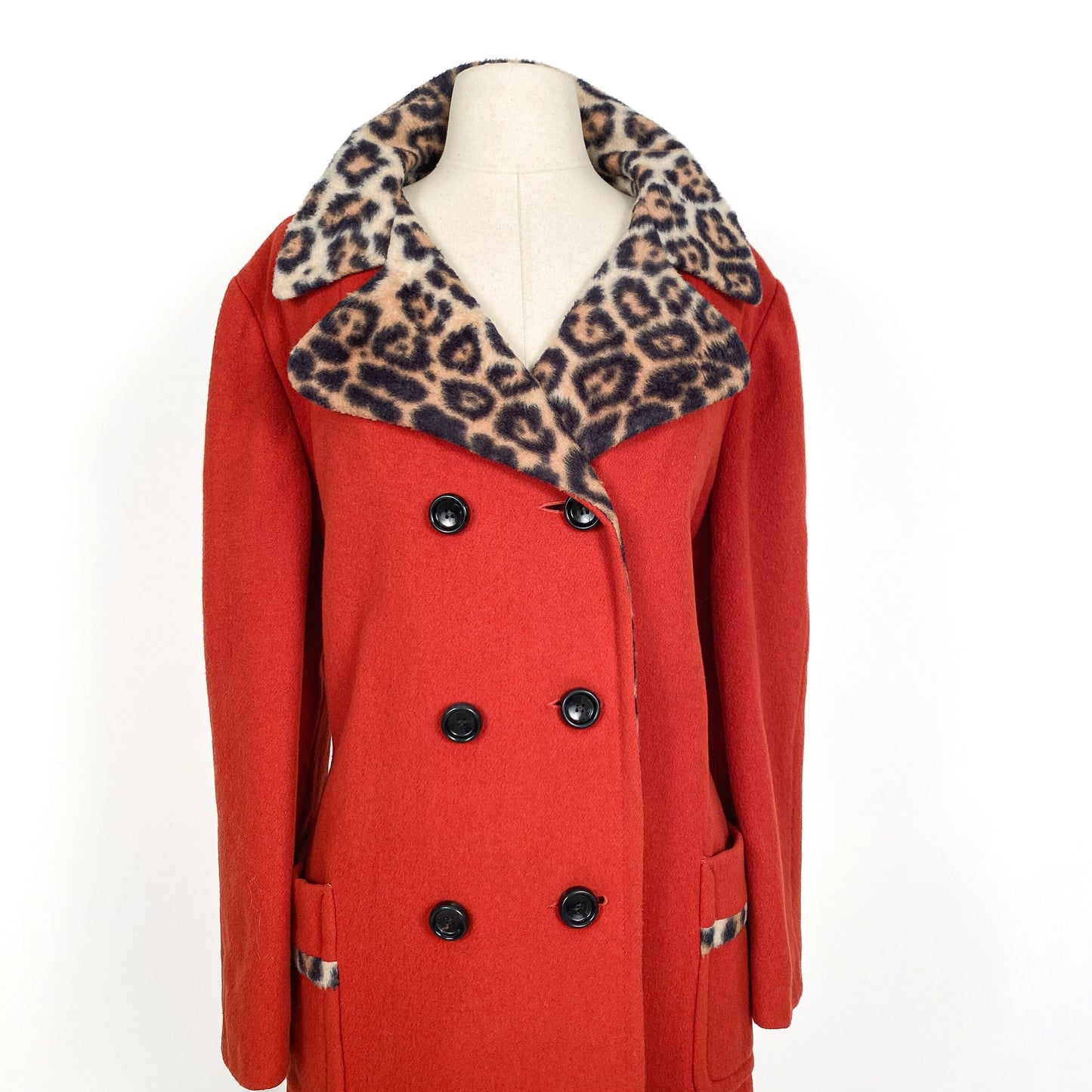1950s Red Wool Peacoat with Leopard Lining and Collar/ Waist 48