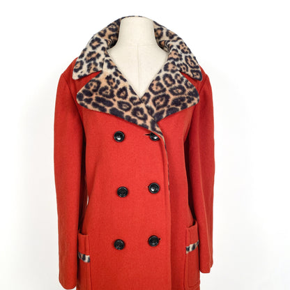 1950s Red Wool Peacoat with Leopard Lining and Collar/ Waist 48