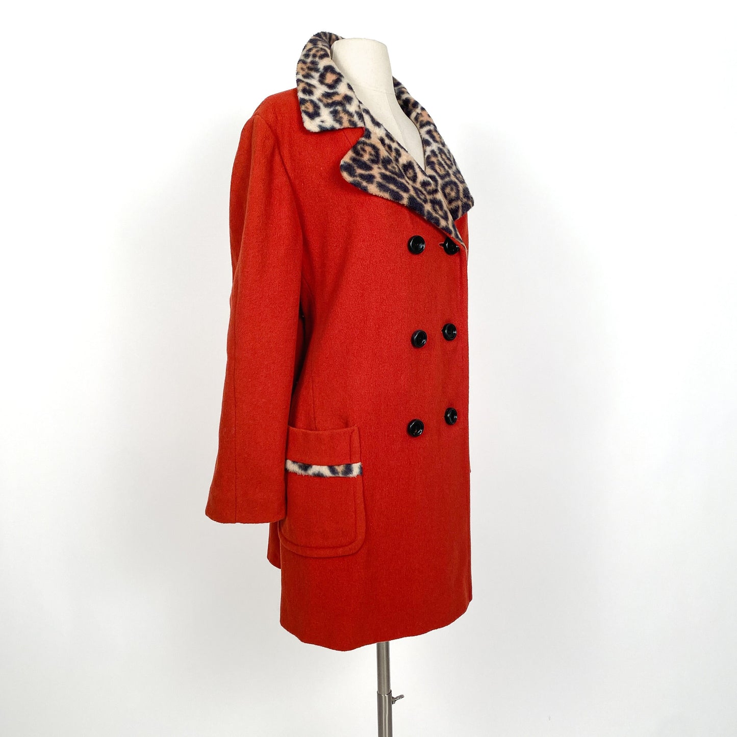 1950s Red Wool Peacoat with Leopard Lining and Collar/ Waist 48