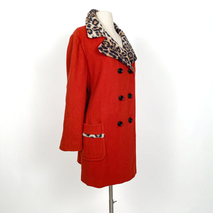 1950s Red Wool Peacoat with Leopard Lining and Collar/ Waist 48