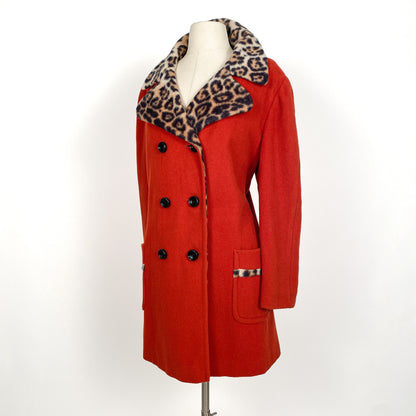 1950s Red Wool Peacoat with Leopard Lining and Collar/ Waist 48