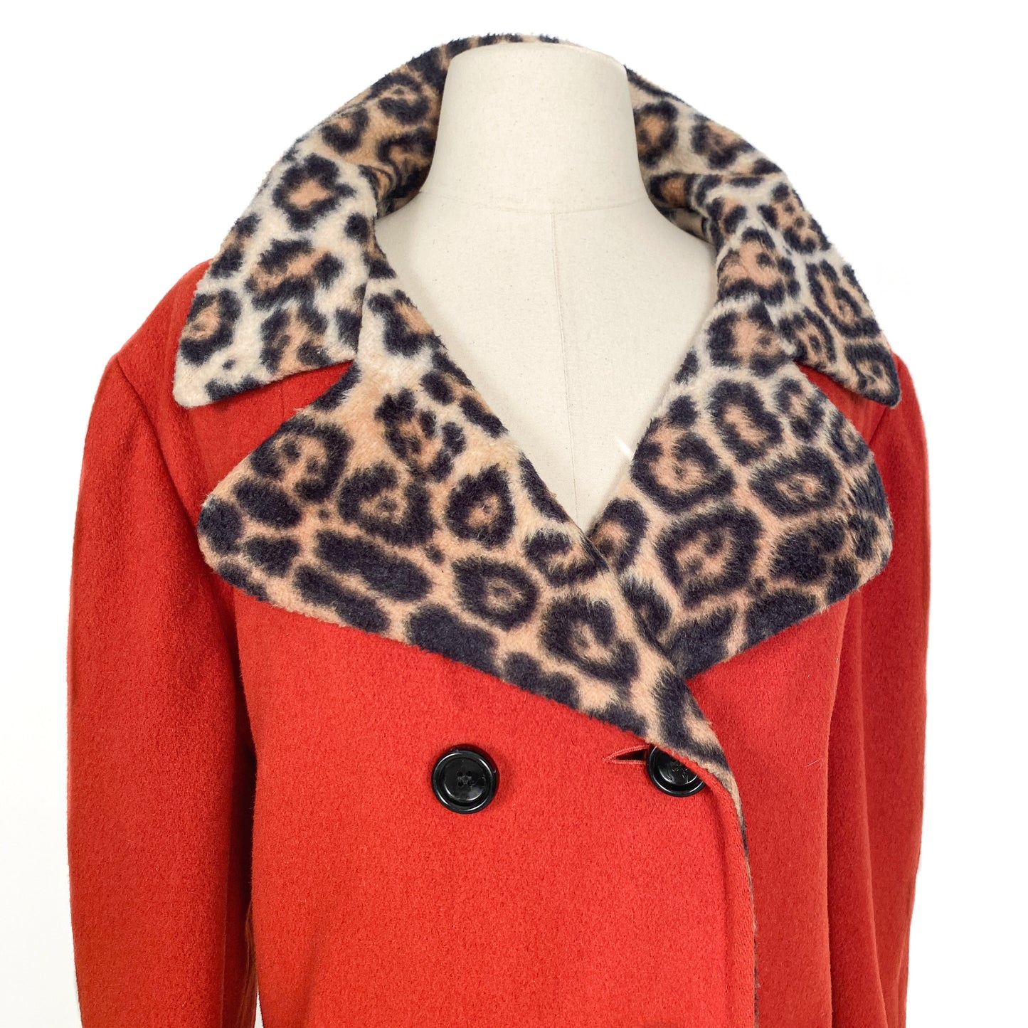 1950s Red Wool Peacoat with Leopard Lining and Collar/ Waist 48