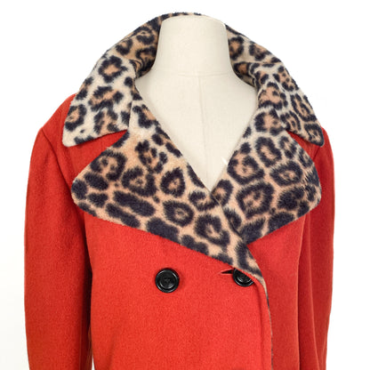 1950s Red Wool Peacoat with Leopard Lining and Collar/ Waist 48